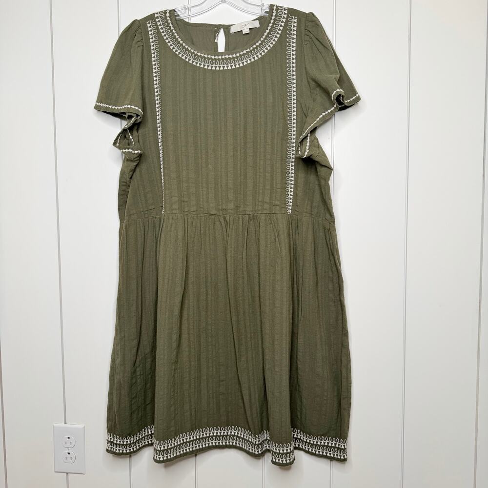 LOFT Cottagecore Prairie Mini Dress XL Olive Embroidered Keyhole